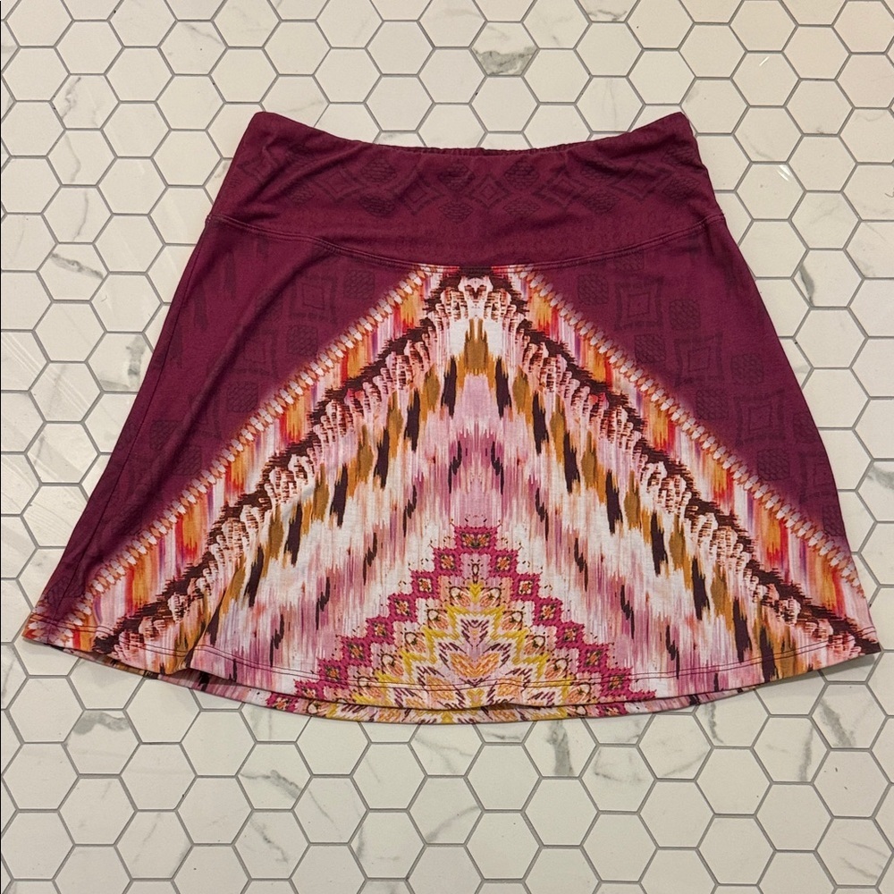 Prana Maroon Circle Skirt with Multicolor Geometric Panel